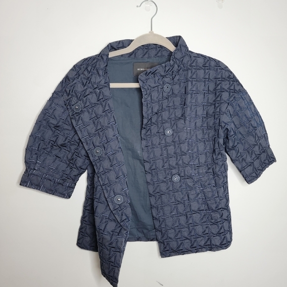 BCBG MAXAZRIA XXS Navy Blue Embroidered High Collar Button Up Shirt - Picture 4 of 10